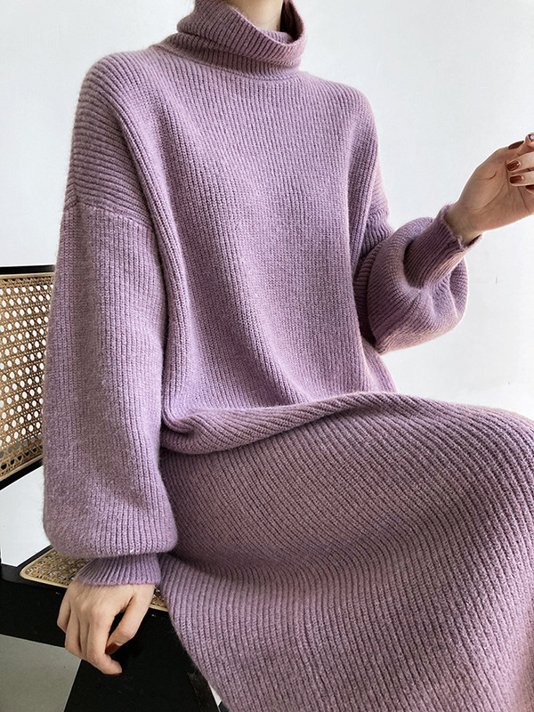 Urban Loose Puff Sleeves Solid Color High-Neck Sweater Dresses