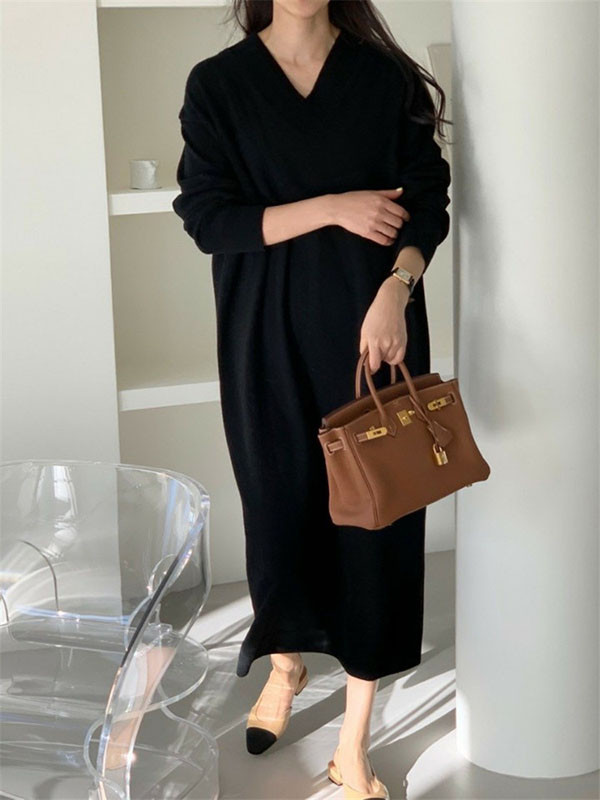 Urban Loose Long Sleeves Solid Color V-Neck Sweater Dresses