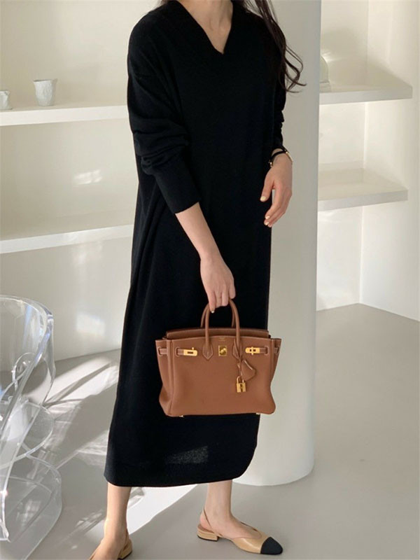 Urban Loose Long Sleeves Solid Color V-Neck Sweater Dresses