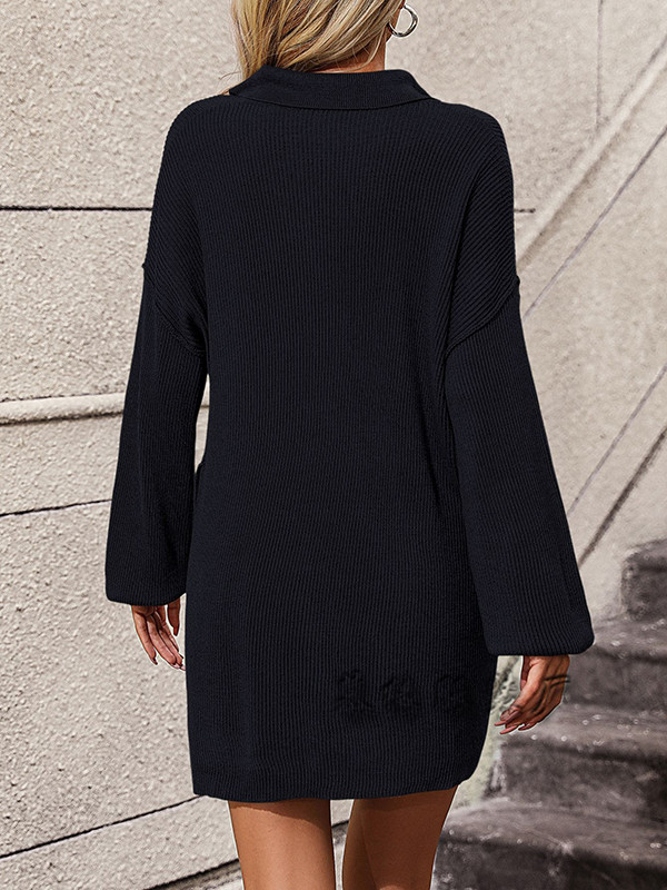Loose Puff Sleeves Split-Joint Lapel Mini Dresses Sweater Dresses