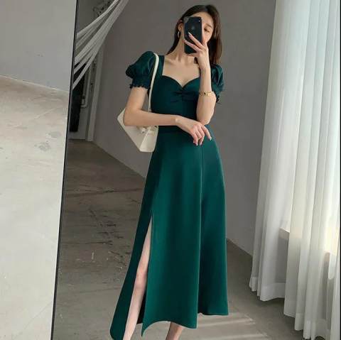 Women Summer French Style Puff Sleeve Square Neck Slit Long Dress