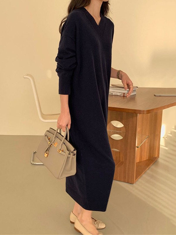 Urban Loose Long Sleeves Solid Color V-Neck Sweater Dresses