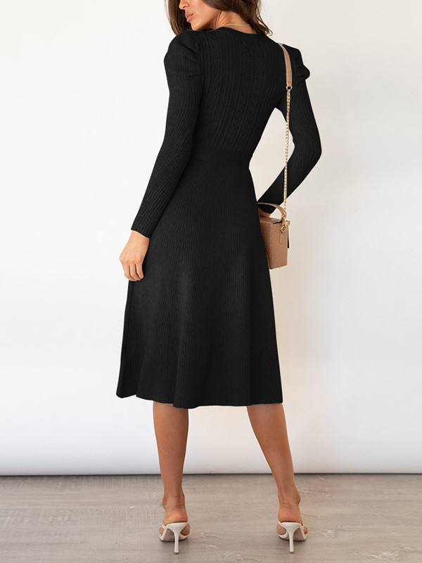High Waisted Long Sleeves Solid Color Tied Waist Round-Neck Midi Dresses Sweater Dresses