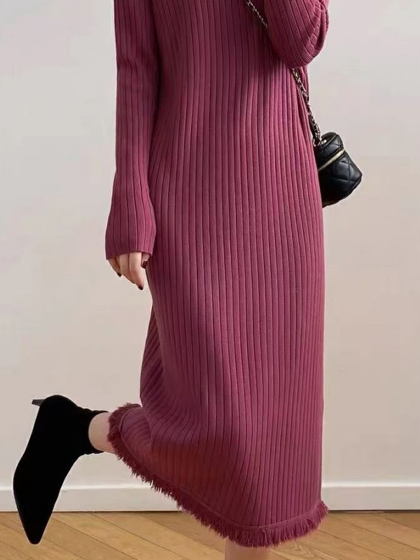 Long Sleeves Loose Fringed Solid Color Mock Neck Midi Dresses Sweater Dresses