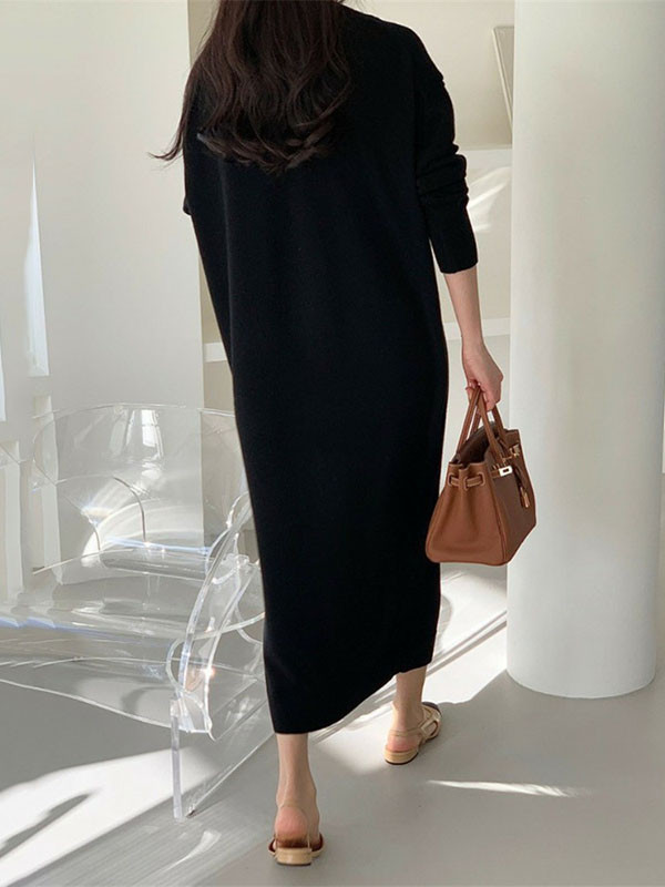 Urban Loose Long Sleeves Solid Color V-Neck Sweater Dresses