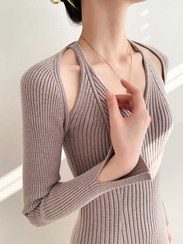 Long Sleeves Puff Sleeves Solid Color Split-Joint V-Neck Mini Dresses Sweater Dresses