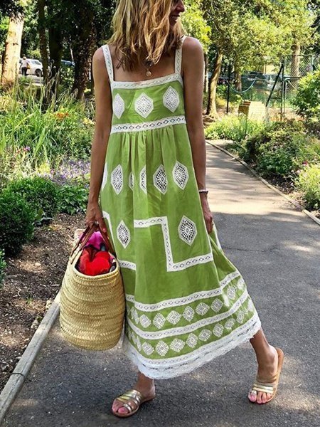 Women Boho Holiday Graphic Linen Maxi Dress