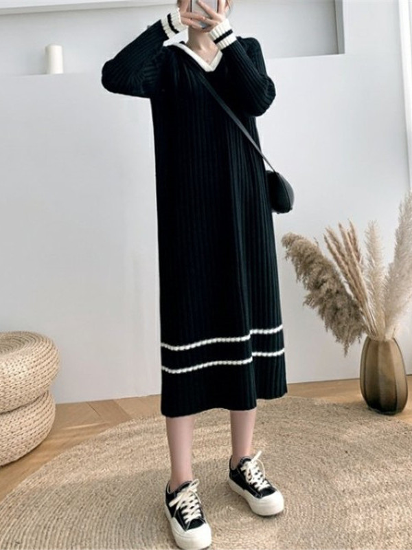 Urban Long Sleeves Loose Striped V-Neck Hooded Sweater Dresses