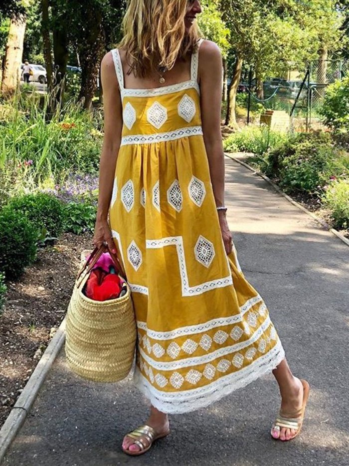 Women Boho Holiday Graphic Linen Maxi Dress