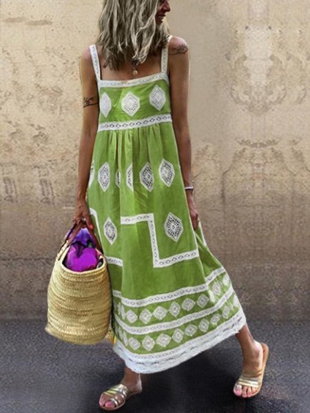 Women Boho Holiday Graphic Linen Maxi Dress