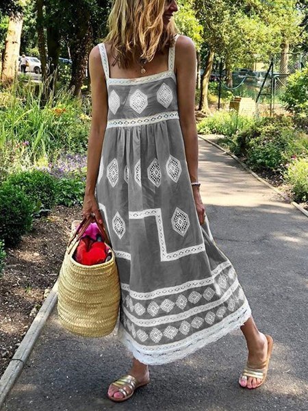 Women Boho Holiday Graphic Linen Maxi Dress
