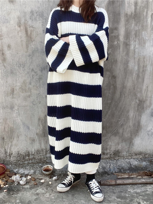 Striped Round Neck Sweater Dress