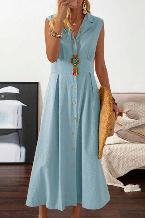 Loose Sleeveless Buttoned Solid Color Lapel Midi Dresses Shirt Dress