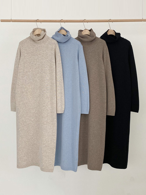 Casual Long Sleeves Loose Solid Color High-Neck Sweater Dresses