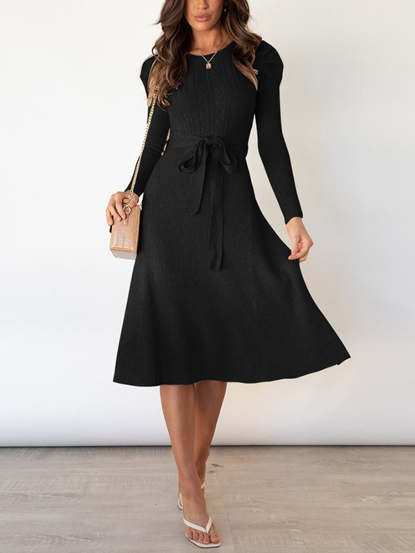 Luxury Tied Round Neck Sleeveless Sweater Dress with Slit – 100% Acrylic & Slightly Stretchy Comfort