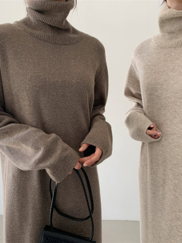 Casual Long Sleeves Loose Solid Color High-Neck Sweater Dresses