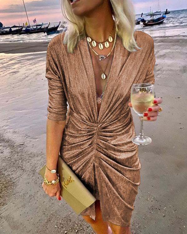 Women's Dresses Glittering V-Neck Pleated Long Sleeve Dress