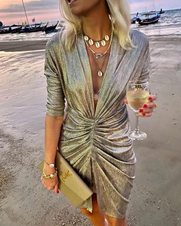 Women's Dresses Glittering V-Neck Pleated Long Sleeve Dress