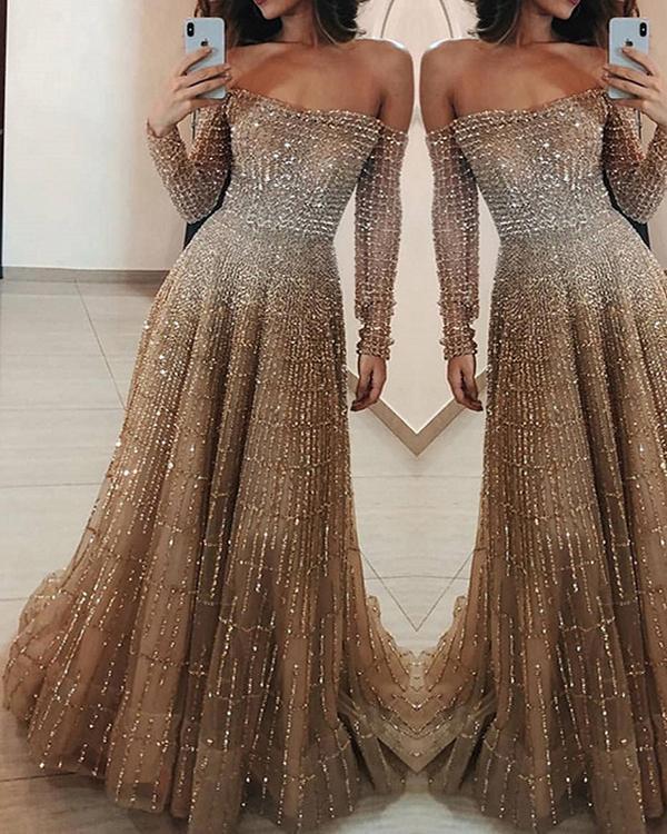 Women Sequined Long Sleeve Tube Top Dress S-XL