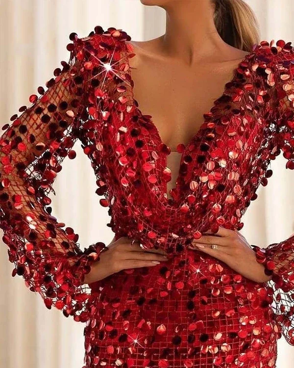 Women Sequins Long Sleeve Party Dress S-3XL
