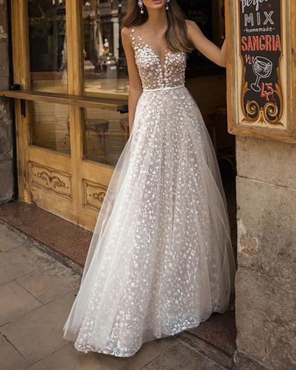 Elegant Flowy Lace Holiday Backless Wedding Dress