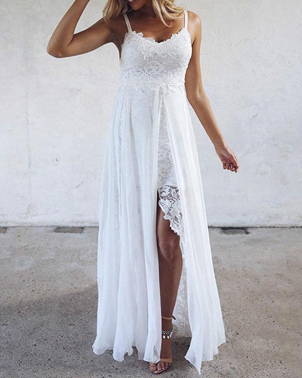 Glamorous Evening Dress with Lace Appliques and Slit - Spaghetti-Straps