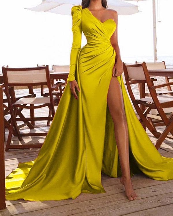 Women Pleated One Shoulder Aymmetric Satin Slit Dress