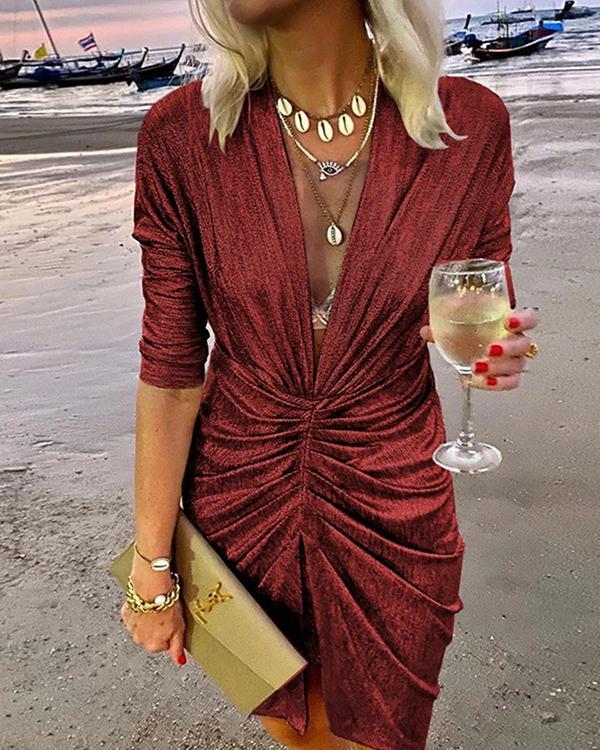 Women's Dresses Glittering V-Neck Pleated Long Sleeve Dress