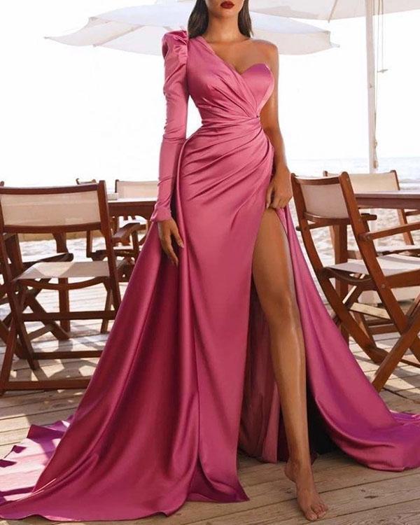 Women Pleated One Shoulder Aymmetric Satin Slit Dress