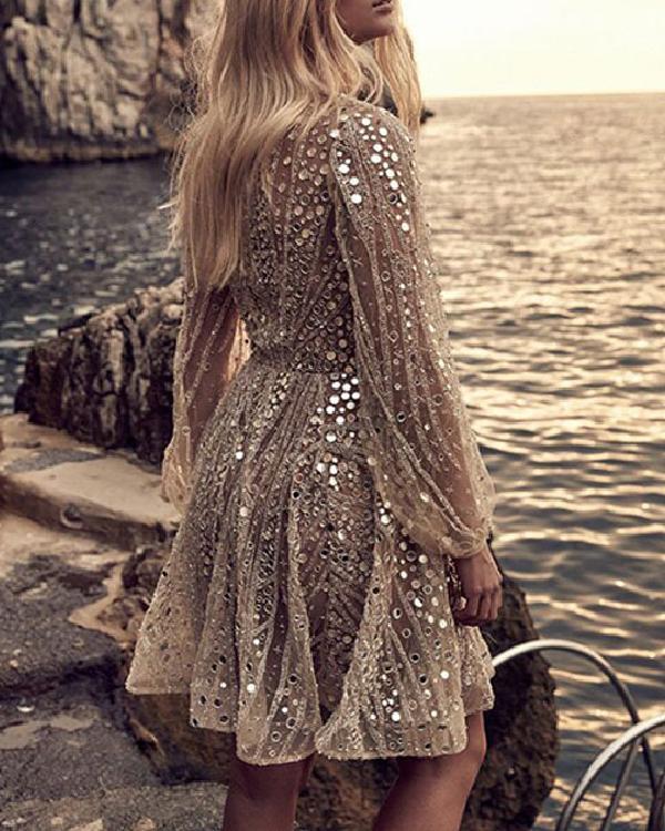 Deep V Long Sleeve Sequin Party Dress