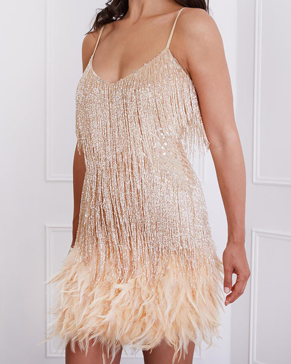 Sexy Spaghetti Strap  Sequin Tassel Feather Holiday Party Mini Dress