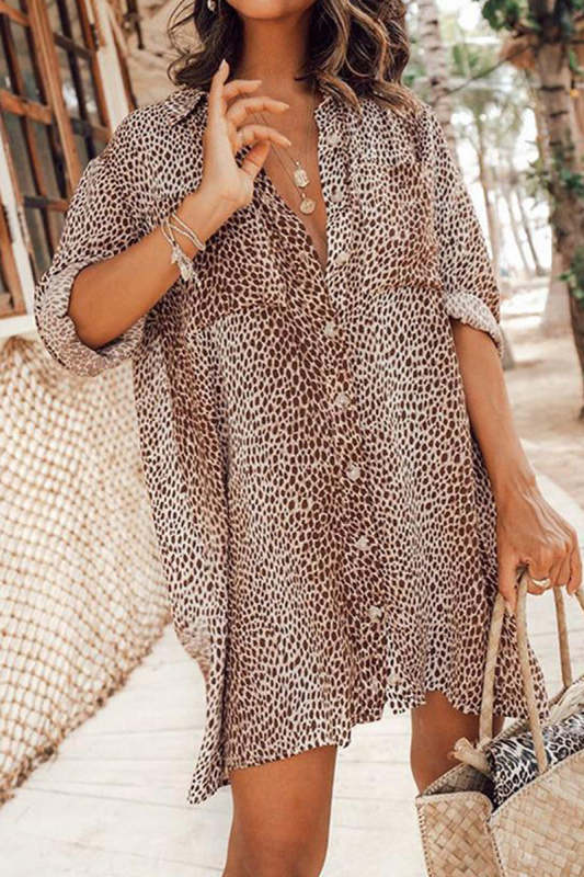 Leopard Printed Long Sleeve Shirt Mini Dress