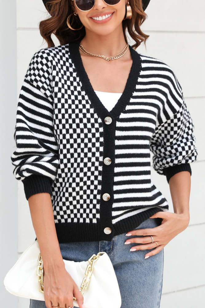 Plaid Stripe Panel Knit Cardigan Sweater