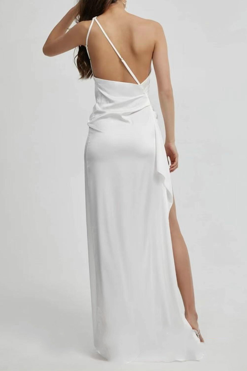Elegant Print Slit Asymmetrical Collar Sling Dress Dresses