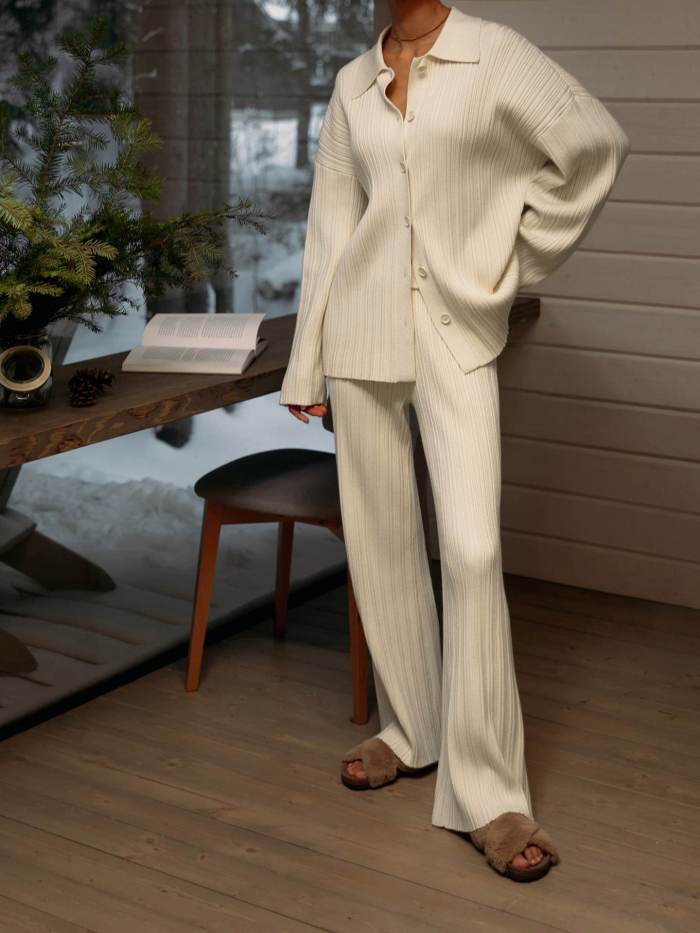 Autumn New Rib Strip Sweater Cardigan + Wide-leg Pants Two-piece Set