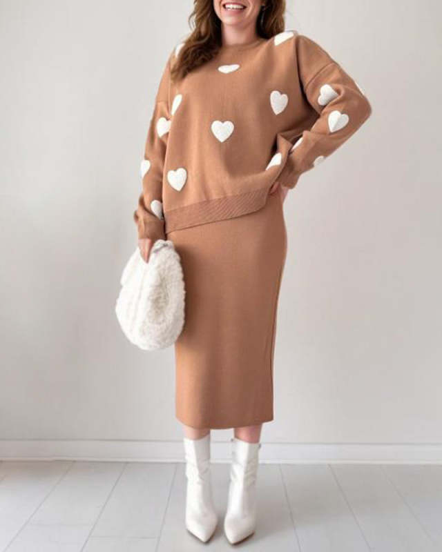 Chic Two-piece Set Hearts Knit Pullover and Hip Wrap Skirt