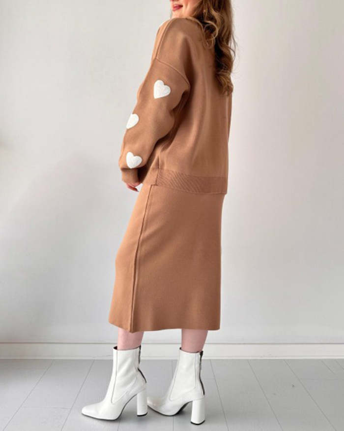 Chic Two-piece Set Hearts Knit Pullover and Hip Wrap Skirt
