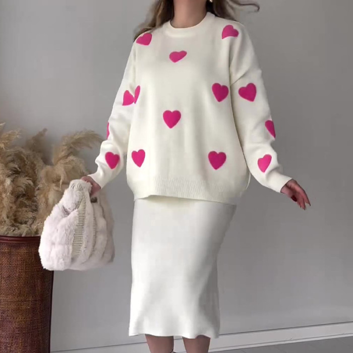 Chic Two-piece Set Hearts Knit Pullover and Hip Wrap Skirt