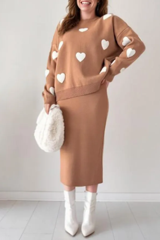 Chic Two-piece Set Hearts Knit Pullover and Hip Wrap Skirt