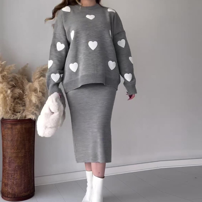 Chic Two-piece Set Hearts Knit Pullover and Hip Wrap Skirt