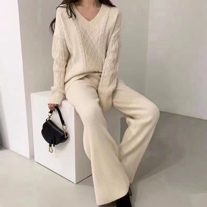 Casual Loose V-Neck Knit Top Floral Print Pants Suit