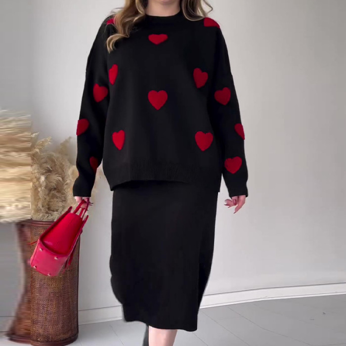 Chic Two-piece Set Hearts Knit Pullover and Hip Wrap Skirt