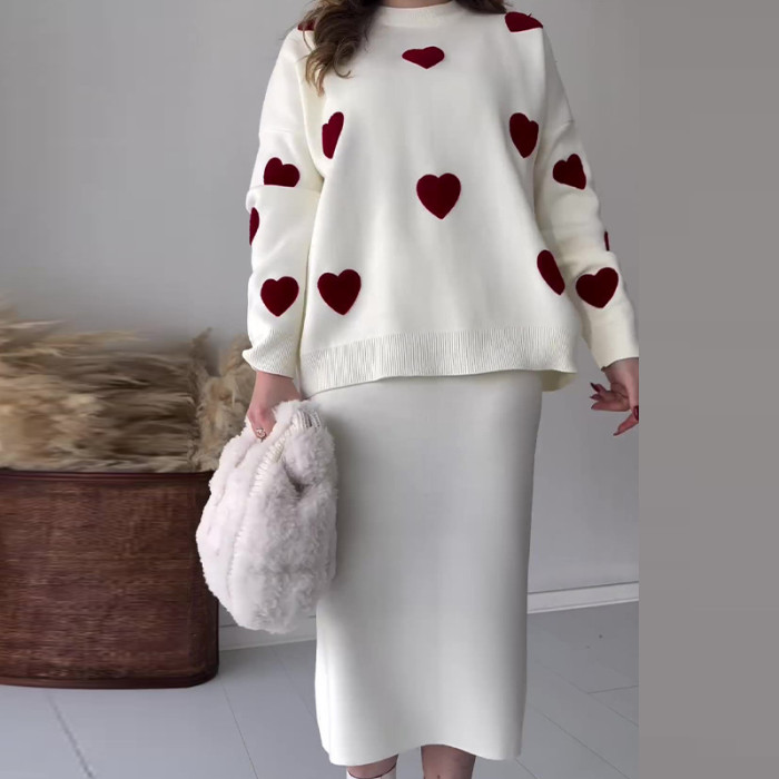 Chic Two-piece Set Hearts Knit Pullover and Hip Wrap Skirt