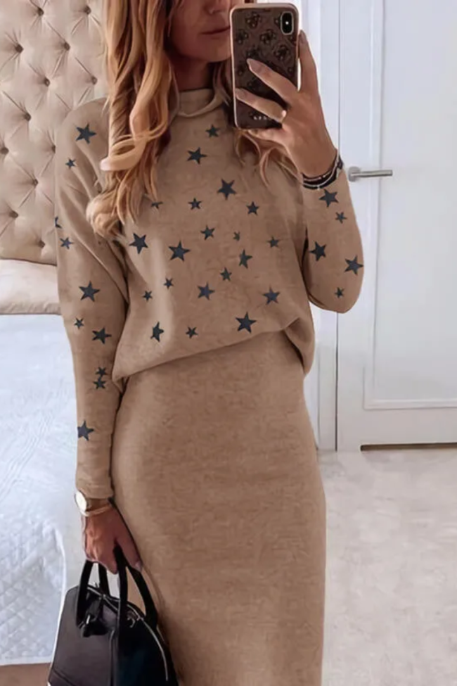 Star Print Top And Pants Casual Sweater Two-piece Set