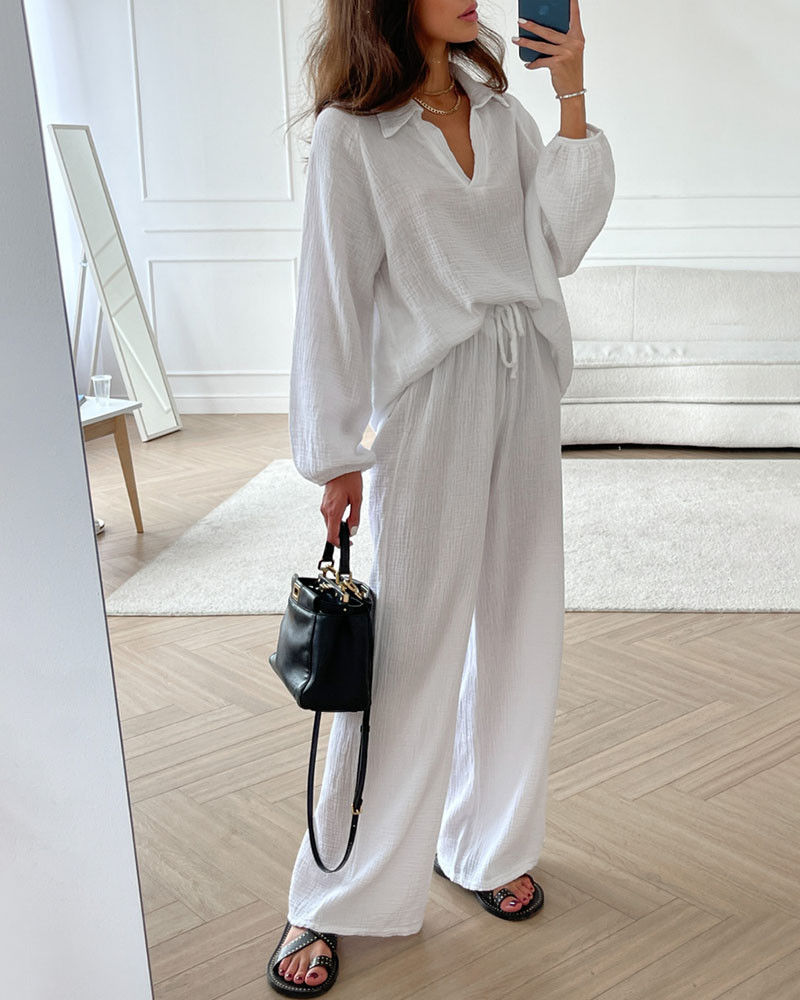 New White V Neck Pockets Solid Cotton Two Pieces Set Sleeveless