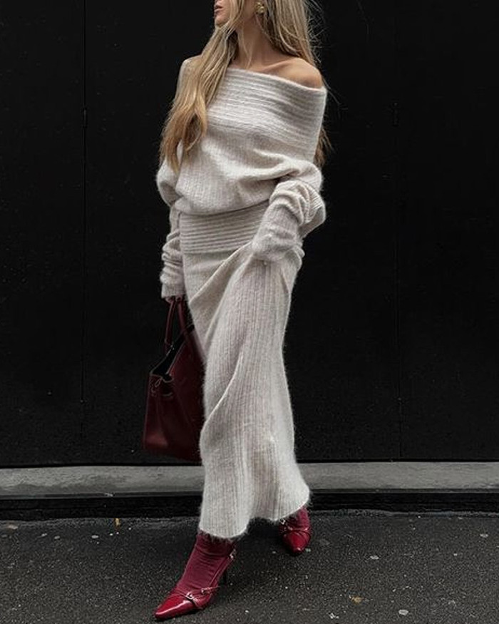 Solid Color One-shoulder Sweater & Skirt Two-piece Set
