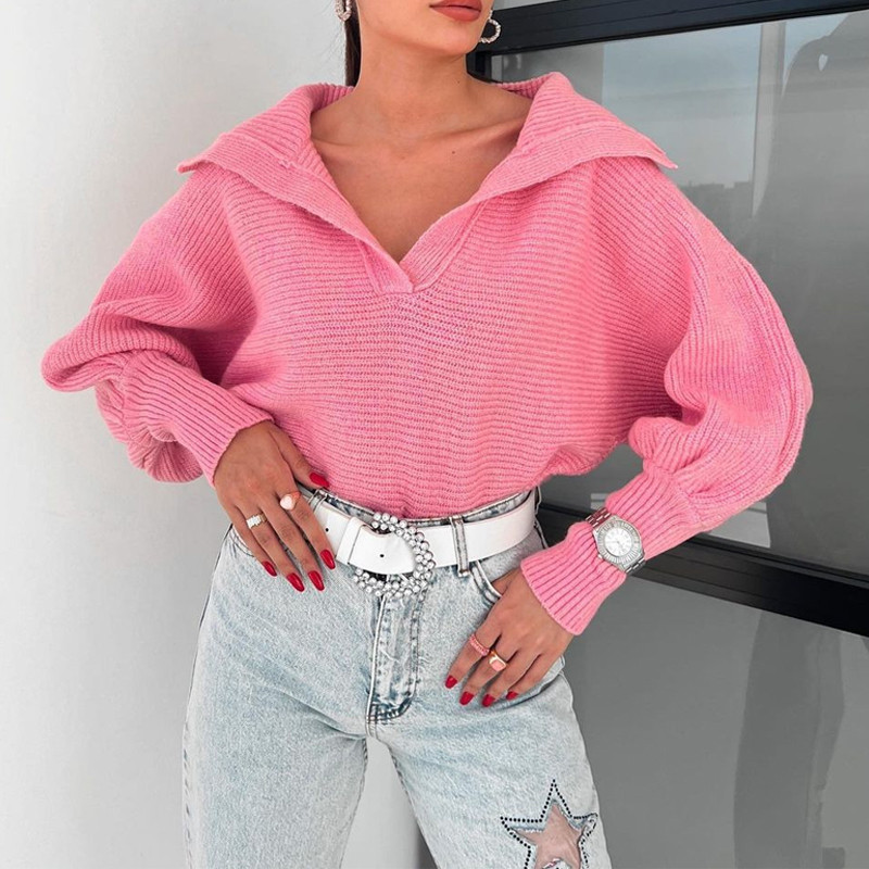 Loose Open Collar Cropped Sweater