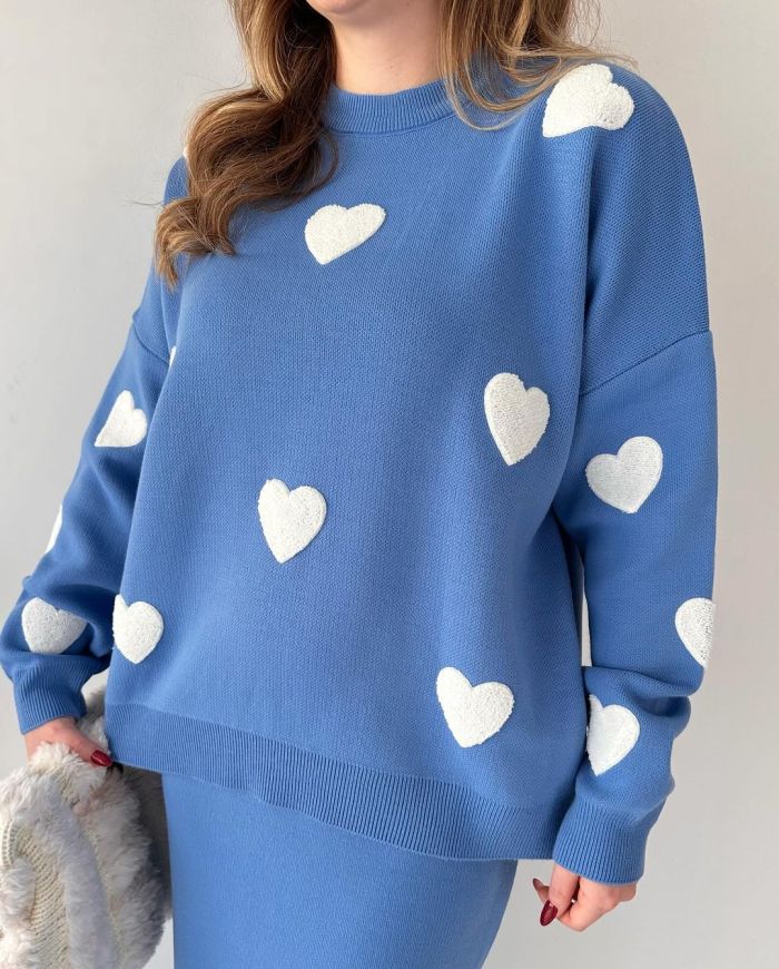 Chic Two-piece Set Hearts Knit Pullover and Hip Wrap Skirt