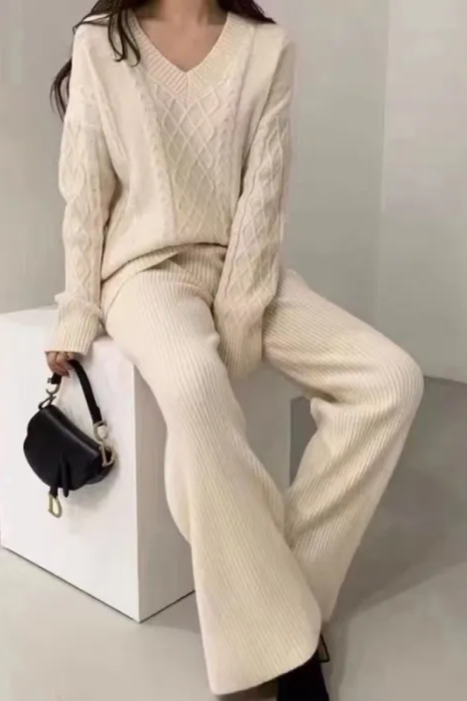 Casual Loose V-neck Sweater Two-pieces Set