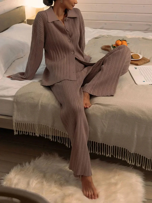 Autumn New Rib Strip Sweater Cardigan + Wide-leg Pants Two-piece Set